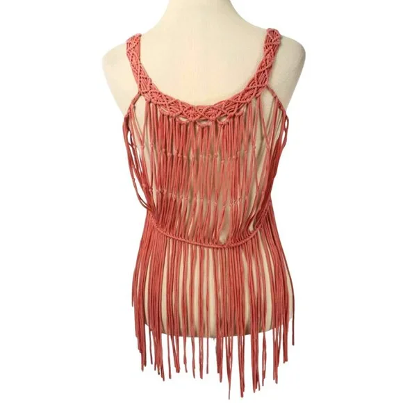 MISS ME Coral Macrame Crochet Fringe Boho Festival Tank Top Size Small - Picture 5 of 8